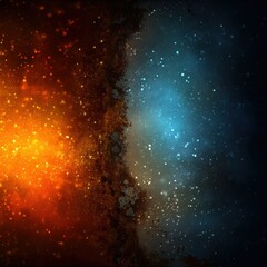 Poster - Abstract Cosmic Duality Orange and Blue Nebulae with Scattered Stars and Textured Surface for Science and Art Projects Capturing the Essence of Contrasting Elements