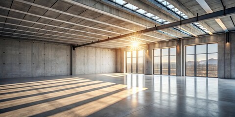 Poster - Sunlight streams through large windows illuminating an empty concrete room with exposed beams and a sleek modern aesthetic.