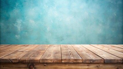 Poster - Rustic wooden table top with a blurred turquoise background, perfect for displaying products or showcasing culinary creations.