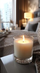 Poster - Serene bedroom ambiance featuring a lit candle casting a warm glow on the bedside table creating a cozy and inviting atmosphere with soft lighting and blurred background