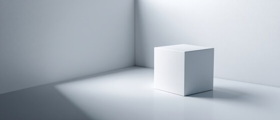 Poster - Minimalist white cube in corner with soft light creating shadows, clean architectural background, modern and simple design, studio shot, product display, blank canvas