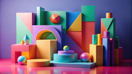 Aufkleber - A vibrant abstract composition of geometric shapes in various colors, creating a playful and visually engaging design.