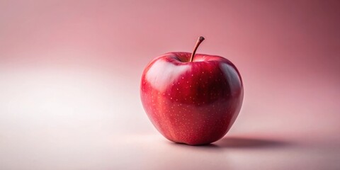 Fototapete - A single red apple, gleaming with a natural shine, sits on a soft pink surface, bathed in warm light.