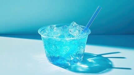 Poster - Refreshing blue drink with ice cubes and straw on a light blue background in summer season