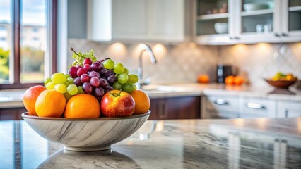 Poster - A bowl of fresh fruit sits on a pristine countertop, the centerpiece of a well-appointed kitchen, a testament to healthy living and culinary inspiration.