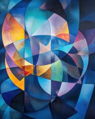 Poster - abstract geometric composition with circular forms and intersecting planes in blue and gold tones