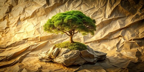 A solitary tree on a rocky outcrop stands tall against a backdrop of crumpled paper, symbolizing resilience and growth in the face of adversity.