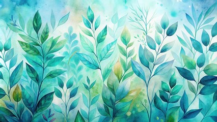 Poster - A Watercolor Painting of a Lush Forest with Vibrant Green and Blue Leaves, Capturing the Tranquility and Beauty of Nature