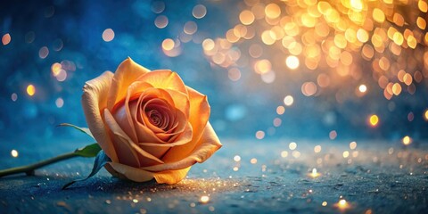 Leinwandbilder - A Single Rose Rests on a Shimmering Surface with a Dreamy Blurred Background of Glowing Lights