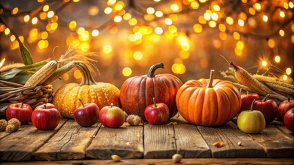 Poster - Warm Autumnal Glow Pumpkins and Apples on a Rustic Wooden Table with a Festive Bokeh Background
