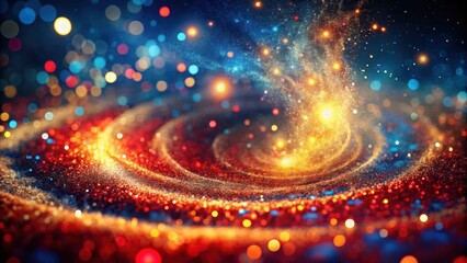 Poster - A swirling vortex of shimmering gold and red glitter against a dark blue backdrop with sparkling bokeh lights