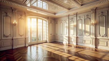 Poster - Sunbeams illuminate a grand room with ornate moldings, revealing the elegance of a bygone era.