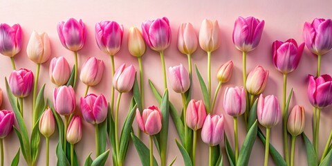 Poster - A Delicate Row of Vibrant Pink Tulips Arranged on a Soft Pink Background, Creating a Captivating Display of Springtime Elegance