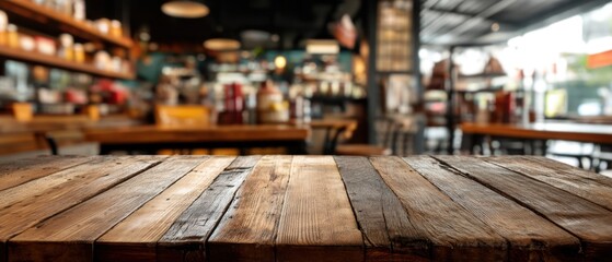 Poster - Rustic Wooden Tabletop in a Blurred Restaurant Setting Perfect for Product Mockups or Backgrounds