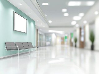 Poster - Modern Hospital Waiting Area with Empty Frame and Bench for Mockup Display Light Green Wall