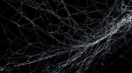 Intricate spiderweb glistening with morning dew, a mesmerizing display of nature's artistry against a dark backdrop.