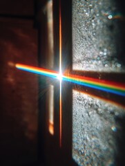 Poster - Prism of Light Creating a Rainbow on a Textured Wall Surface in a Dark Room Environment