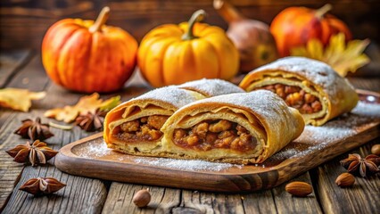 Poster - Pumpkin Spice Pastry Rolls with Powdered Sugar and Cinnamon on Rustic Wood