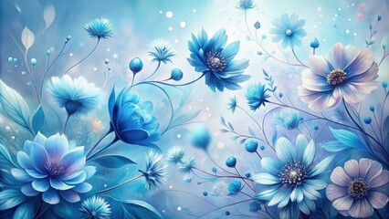 Aufkleber - An ethereal and delicate floral arrangement with soft blue and white blooms, showcasing intricate petals and delicate stems against a dreamy, light blue background.