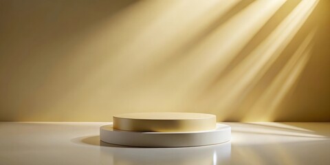 Leinwandbilder - Minimalist Mockup of a Cylindrical Podium with a Golden Top Against a Wall with Warm Sunlight Rays