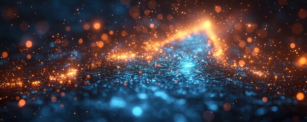 Poster - glowing particles forming a fiery arrow amidst vibrant blue and orange hues