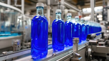 Poster - Blue Liquid Bottles on Production Line Conveyor Belt in Factory for Beverage Industry
