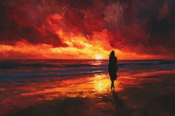 Poster - Woman walks along beach at sunset with vibrant colors reflecting on water, Woman walking on beach during sunset