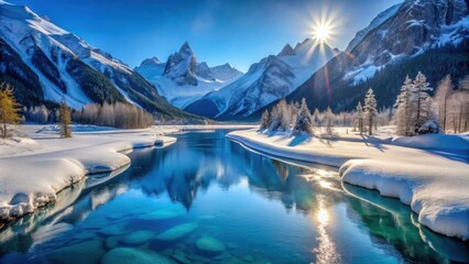 Poster - A winter wonderland scene with a majestic mountain range reflected in the tranquil blue waters of a frozen river, the sun shining brightly above, casting a warm glow on the snowy landscape.