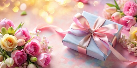 Poster - A Gift Wrapped in Pastel Blue Paper Adorned with a Delicate Pink Ribbon, Resting Amidst a Bouquet of Soft Pink and Cream Flowers on a Light Pink Background