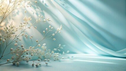 Fototapete - Delicate white blossoms arranged on a soft blue fabric, creating a serene and ethereal ambiance