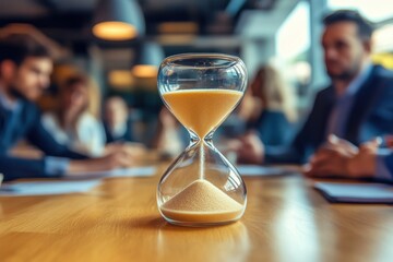 Poster - hourglass symbolizing time management during project discussion among colleagues in a modern office,