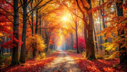 Poster - A sun-drenched forest path illuminated by the golden hues of autumn foliage, with the warm glow of the sun beaming through the trees