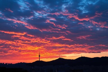 Poster - Sunset colors paint the sky over Namsan and Lo, creating a breathtaking time lapse display, Time lapse,The Sunset over the tops of Namsan and Lotte Tower in Seoul,South Korea