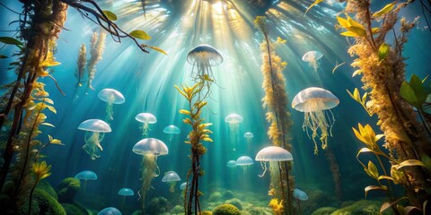 Poster - Sunbeams dance through a vibrant underwater forest, illuminating a cluster of delicate jellyfish that drift gently in the current.