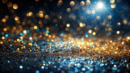 Poster - Abstract festive background with gold and blue bokeh lights, blurred glitter and shimmer texture, perfect for holiday and celebration designs.