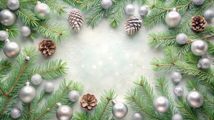 Poster - Festive Christmas Background with Pine Branches, Silver Ornaments, and Pine Cones for Holiday Greetings