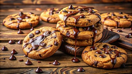 Aufkleber - A close-up of chocolate chip cookies drizzled with melted chocolate, arranged on a wooden surface with scattered chocolate chips.