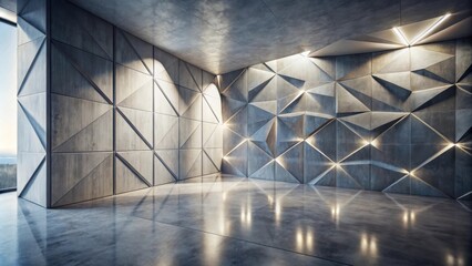 Aufkleber - A Modern Concrete Room With Geometric Wall Panels And Warm Lighting