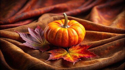 Poster - A Small Pumpkin Resting On Red And Yellow Autumn Leaves, Surrounded By A Brown Fabric Background