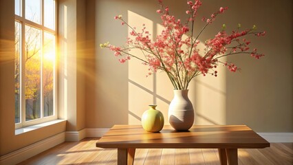 Aufkleber - Sunlight streams through a window illuminating a vase of pink flowers on a wooden table
