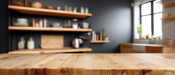 Poster - Rustic wooden kitchen table against blurred background of shelves and window light in a modern home