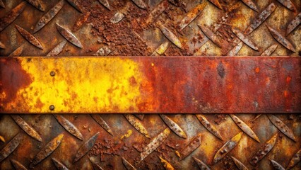 Poster - A textured metal surface featuring a rusty diamond plate with a yellow and rust-colored strip running horizontally across the middle.