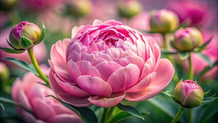 Aufkleber - A delicate pink peony flower in full bloom with soft light illuminating its petals and showcasing its intricate details, surrounded by buds that promise more beauty to come.