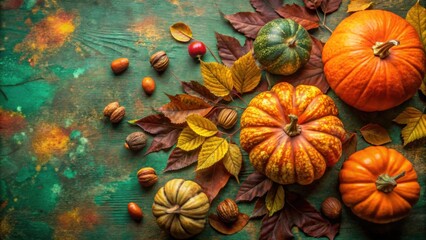 Poster - A Rustic Autumnal Still Life with Pumpkins, Leaves, and Nuts on a Green Wooden Background