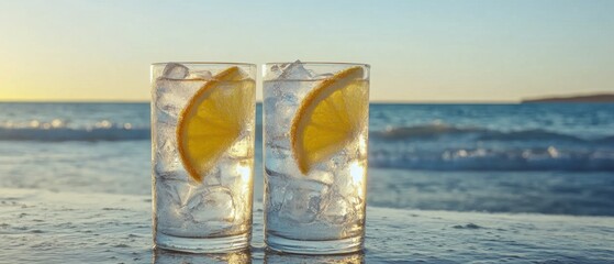 Poster - Refreshing Summer Drinks on the Beach with Sparkling Water and Lemon Slices for a Tropical Vacation
