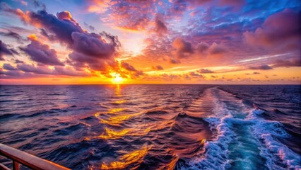 Poster - A fiery sunset paints the sky with vibrant hues, casting a golden glow upon the endless blue ocean, its surface rippling with the wake of a passing vessel.