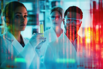 Poster - Scientists conduct data processing while analyzing samples in a high-tech laboratory setting, data processing over diverse scientists holding test tube