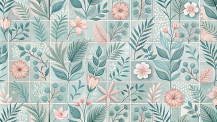 Leinwandbilder - A Seamless Pattern of Delicate Pink Flowers and Lush Green Foliage on a Tile Background