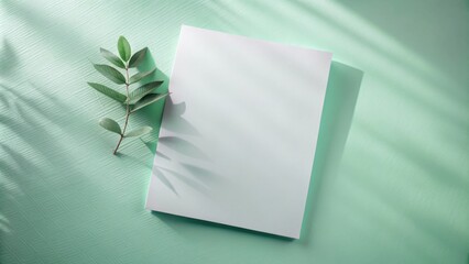 Poster - A blank sheet of paper rests on a light green surface, illuminated by the soft glow of sunlight streaming through a window, casting gentle shadows of a single leaf.
