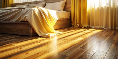 Poster - Sunlight streams through a window, illuminating a wooden bedroom floor, casting soft shadows from the curtains and bed linens.